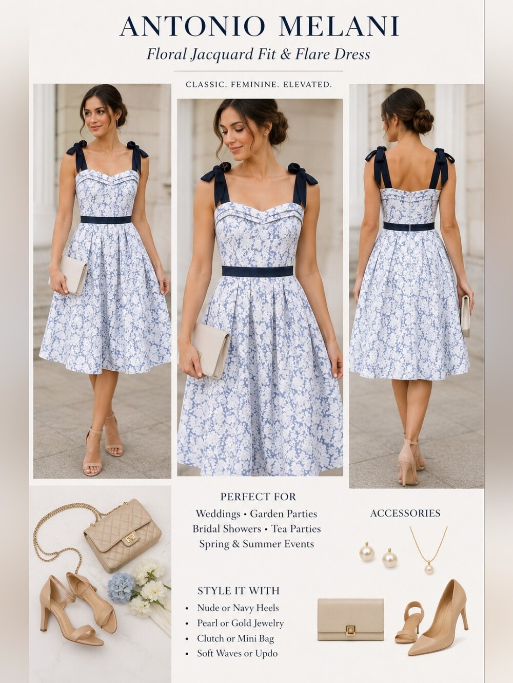Antonio Melani Floral Jacquard Wedding Guest Fit & Flare Dress Size 8 Pockets